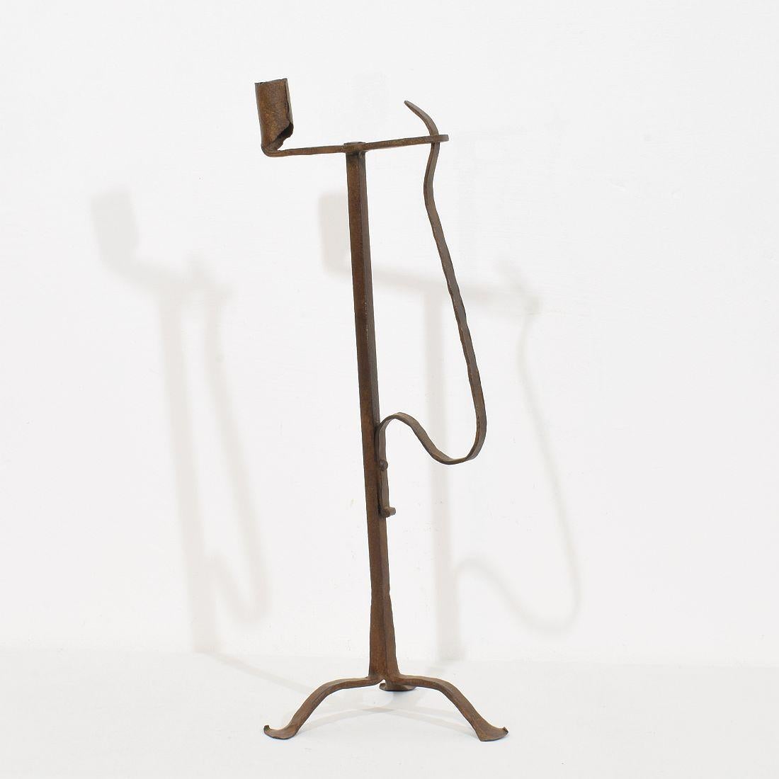 French Provincial French 18th Century Hand Forged Iron Candleholder For Sale