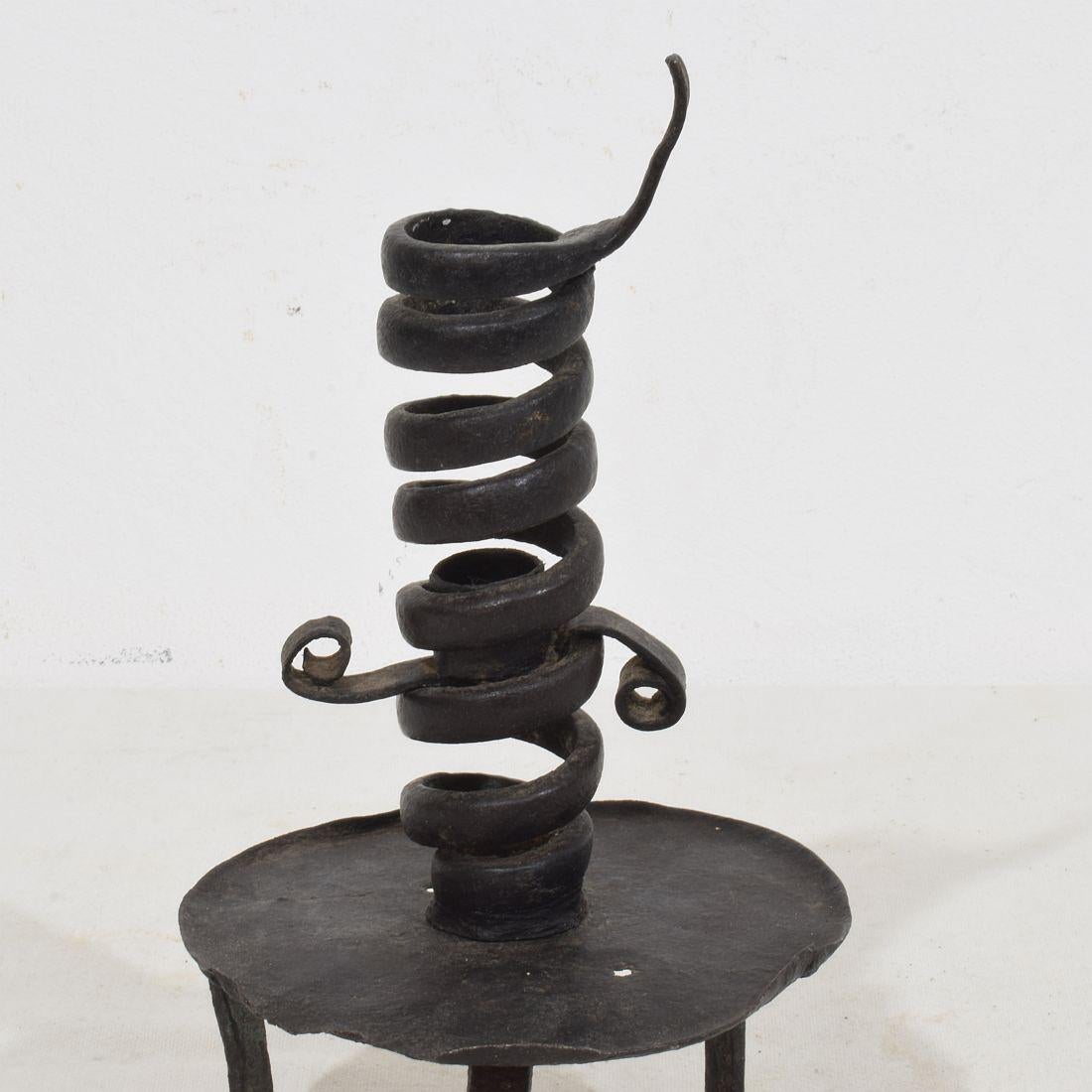 French, 18th Century, Hand Forged Iron Rat De Cave Candleholder For Sale 6