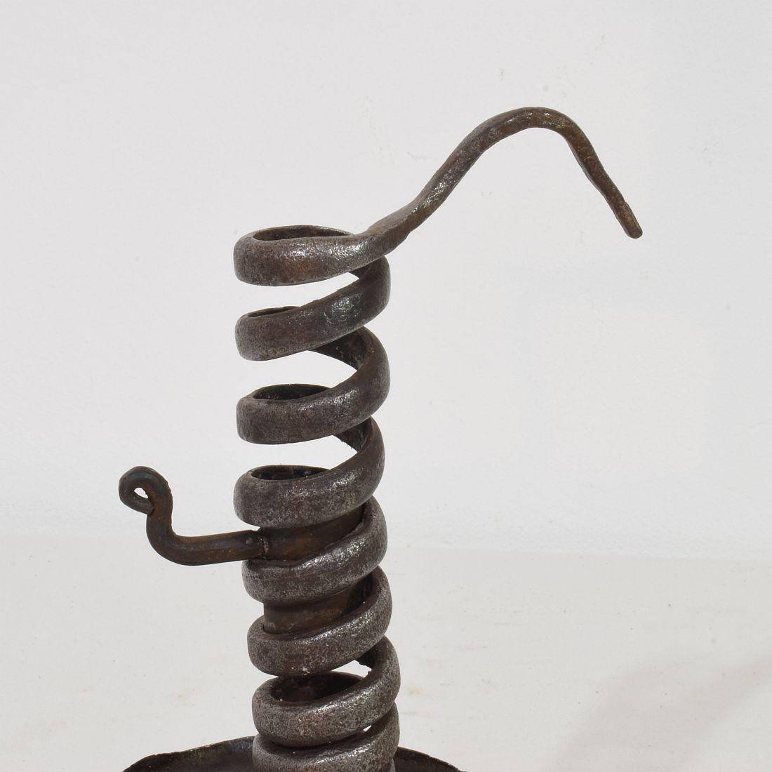 French, 18th Century, Hand Forged Iron Rat De Cave Candleholder For Sale 7