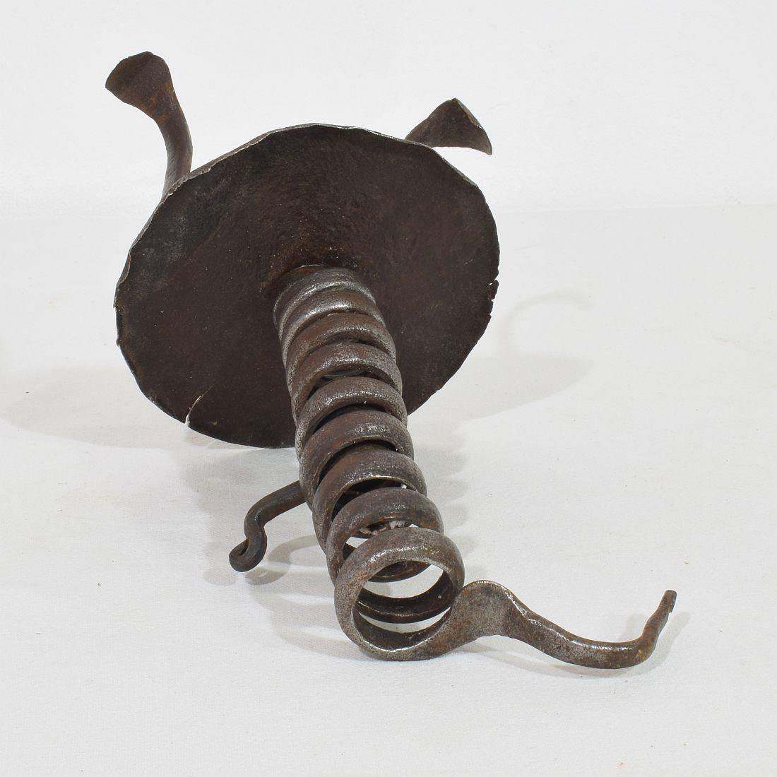 French, 18th Century, Hand Forged Iron Rat De Cave Candleholder For Sale 12