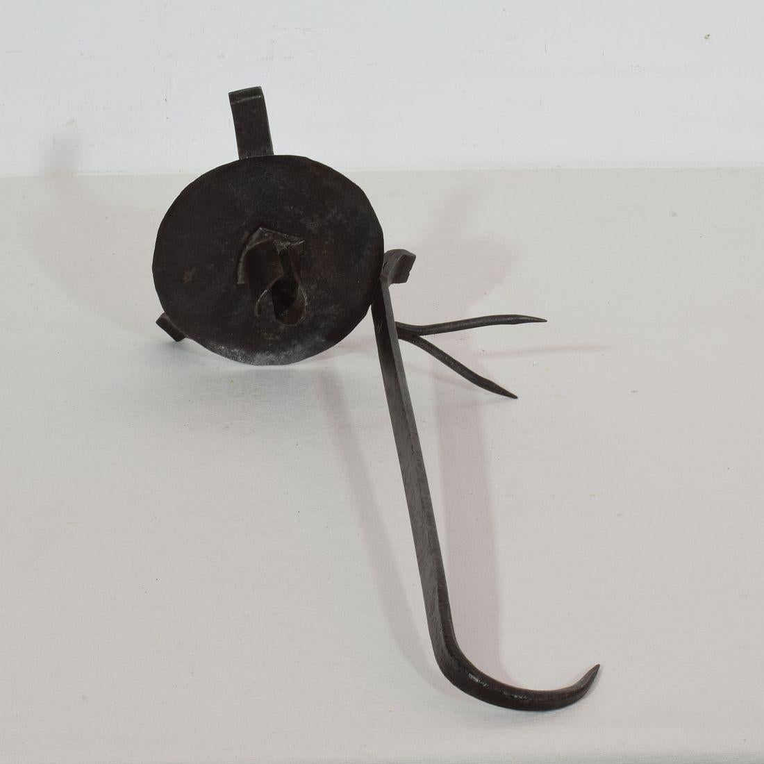 French 18th Century Hand Forged Iron Rat De Cave Candleholder 12