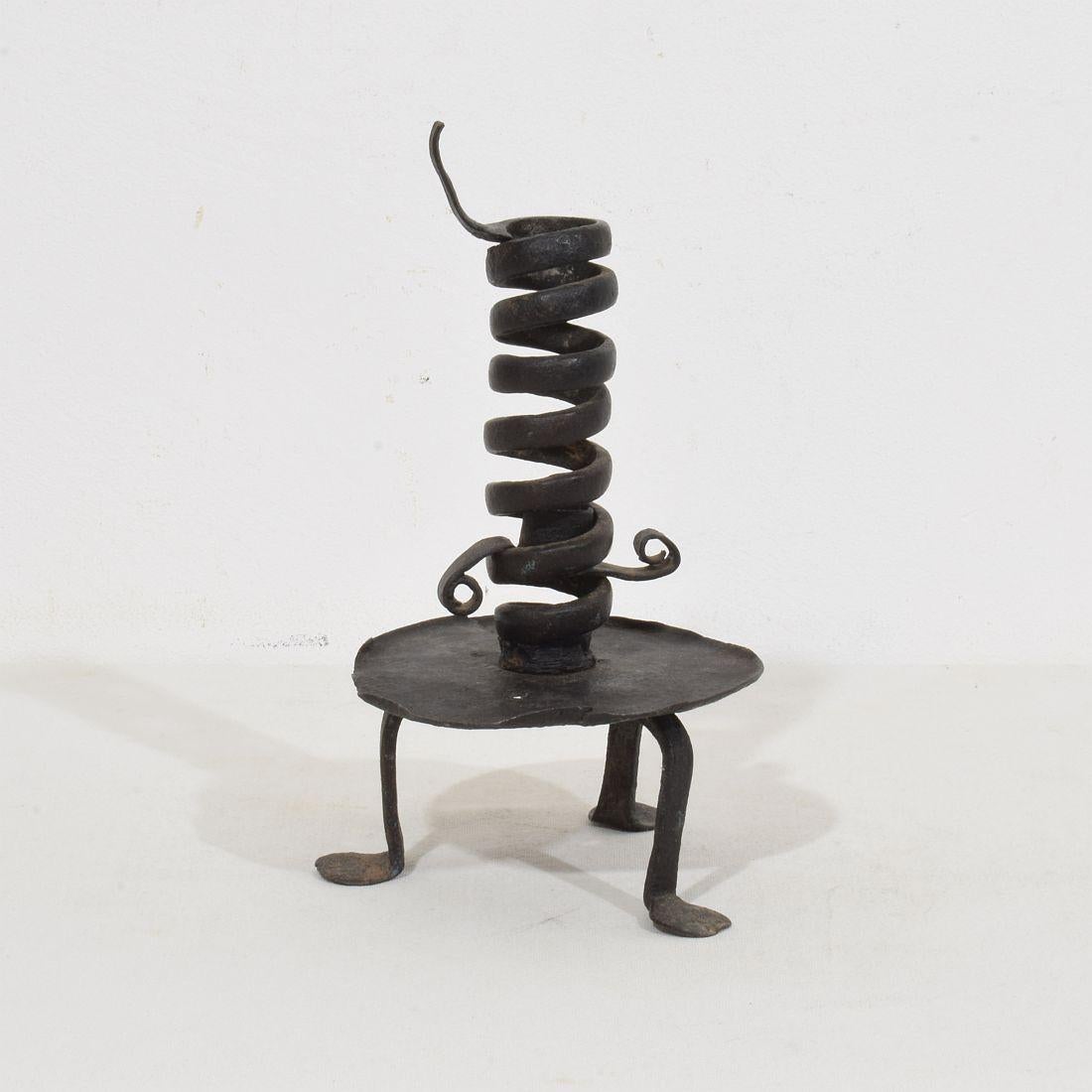 Wrought iron rat de cave candleholder, Normandie, France, 18th century. Weathered.