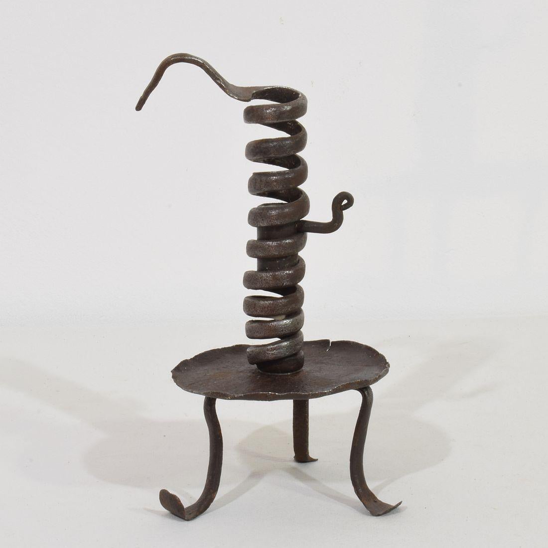 French Provincial French, 18th Century, Hand Forged Iron Rat De Cave Candleholder