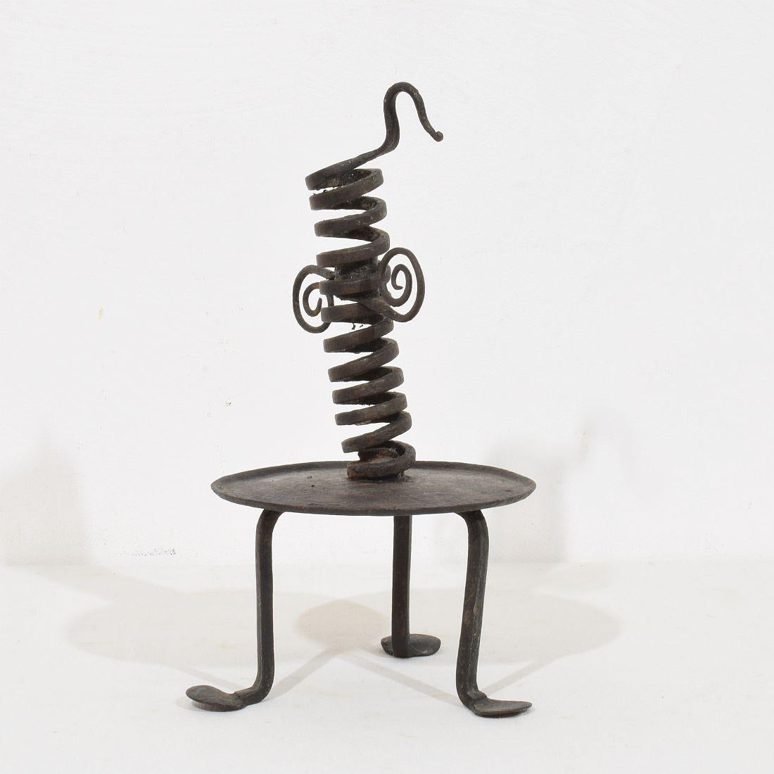 French Provincial French, 18th Century, Hand Forged Iron Rat De Cave Candleholder For Sale