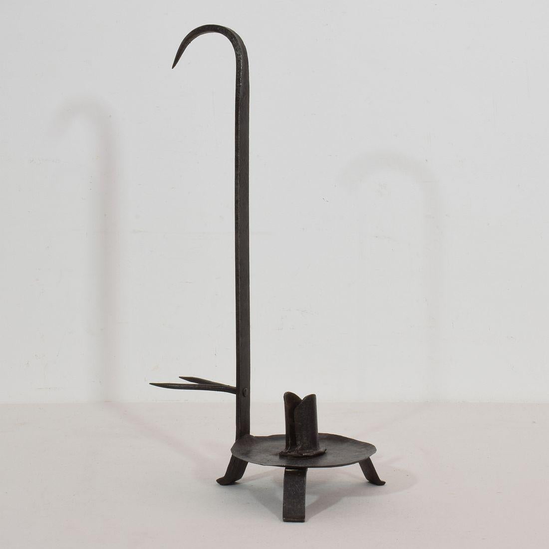 French Provincial French 18th Century Hand Forged Iron Rat De Cave Candleholder