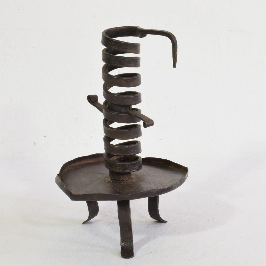 French Provincial French, 18th Century, Hand Forged Iron Rat De Cave Candleholder