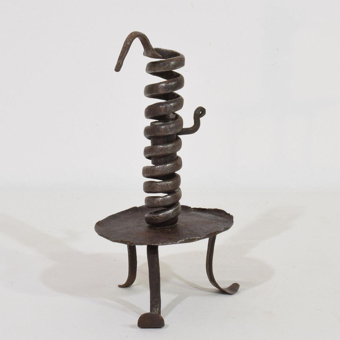 18th Century and Earlier French, 18th Century, Hand Forged Iron Rat De Cave Candleholder For Sale