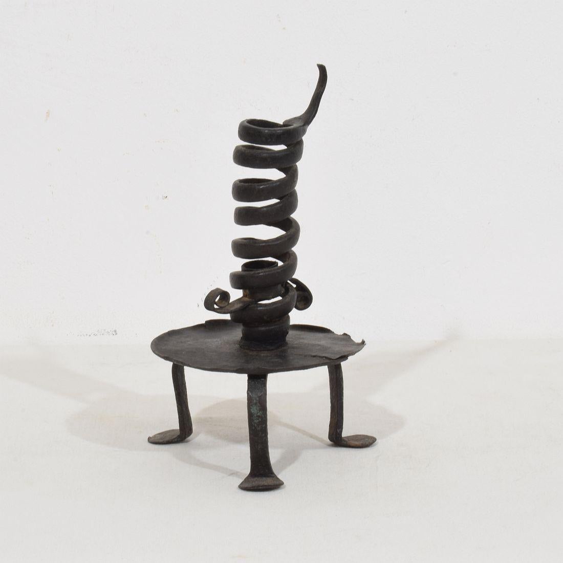 18th Century and Earlier French, 18th Century, Hand Forged Iron Rat De Cave Candleholder For Sale