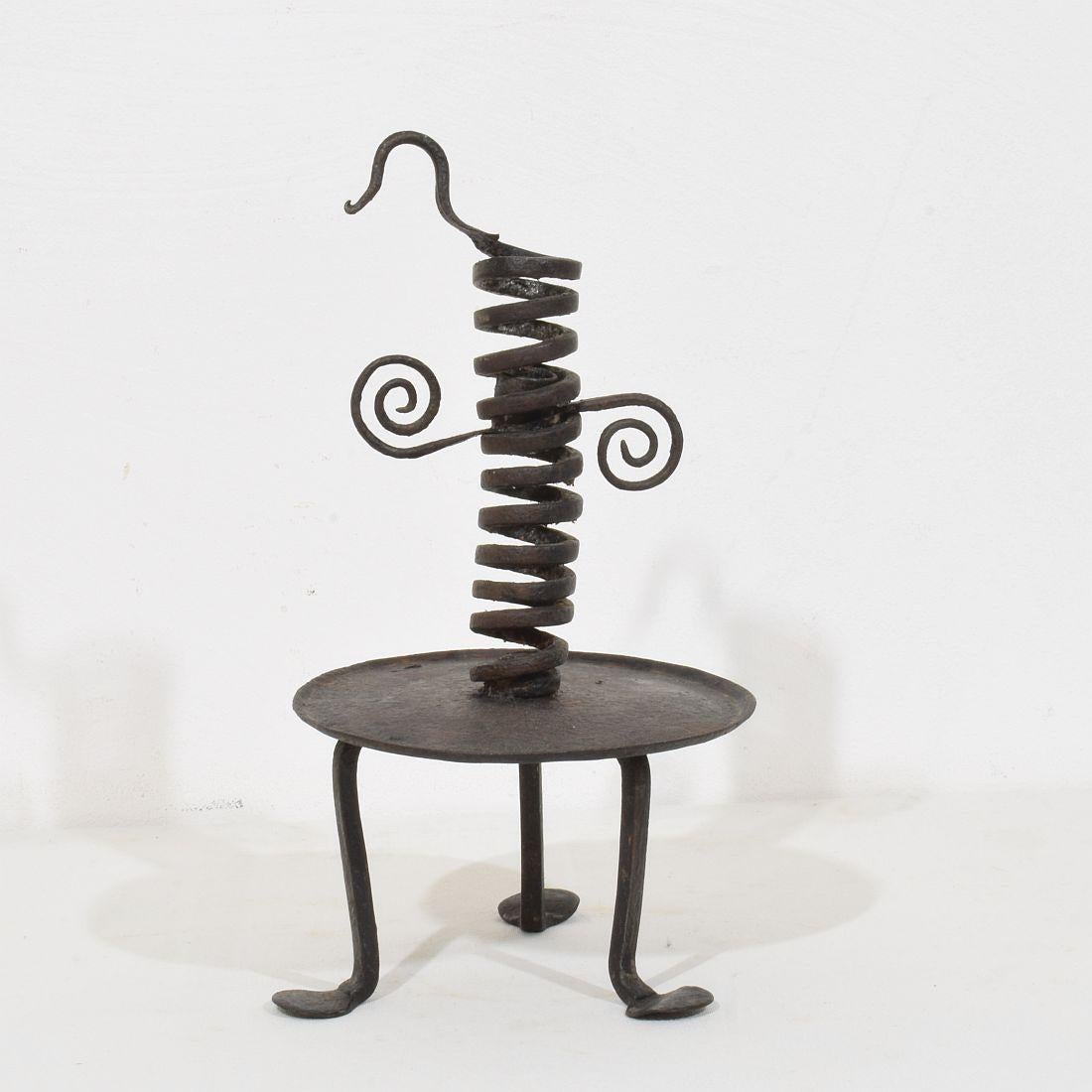 18th Century and Earlier French, 18th Century, Hand Forged Iron Rat De Cave Candleholder For Sale