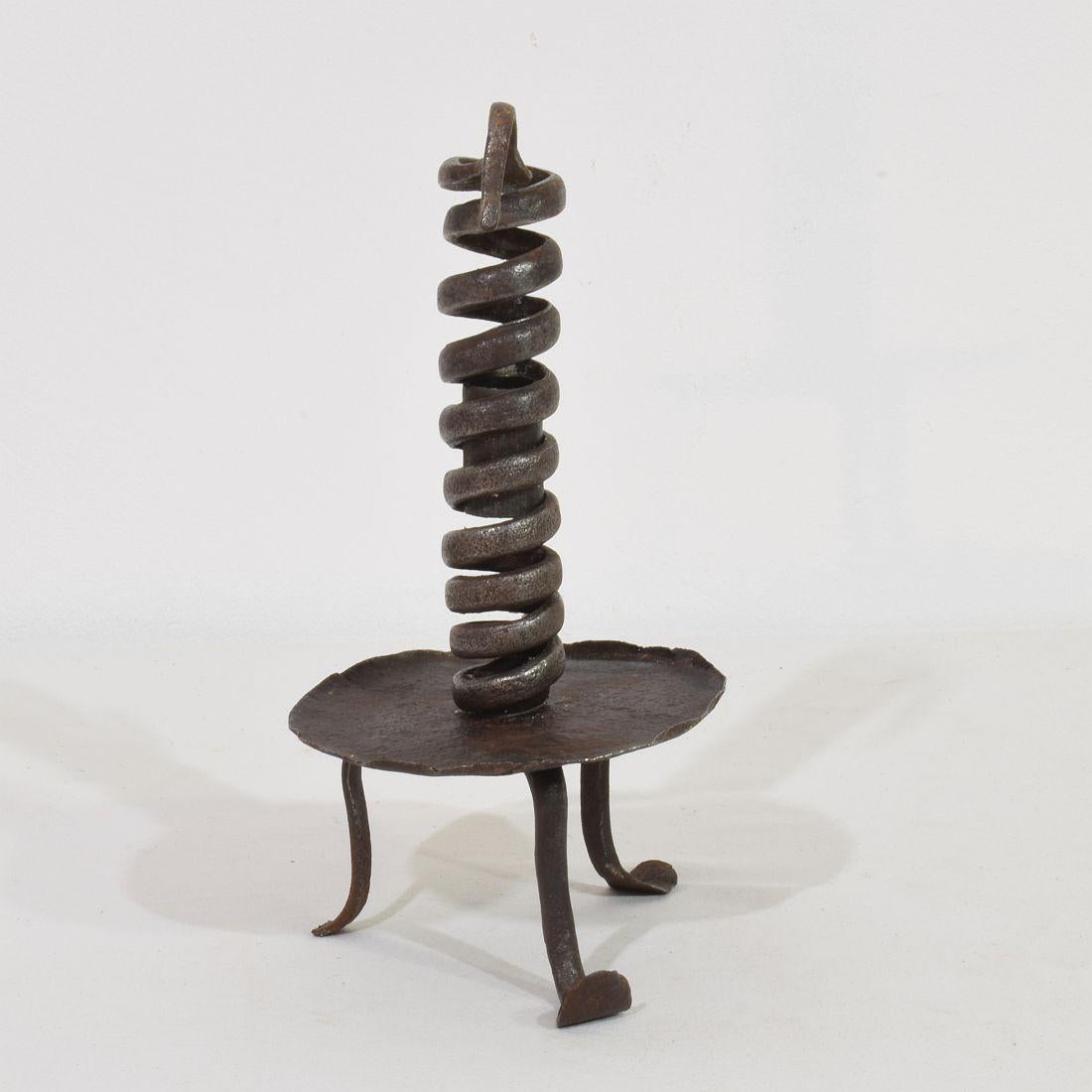 French, 18th Century, Hand Forged Iron Rat De Cave Candleholder 1
