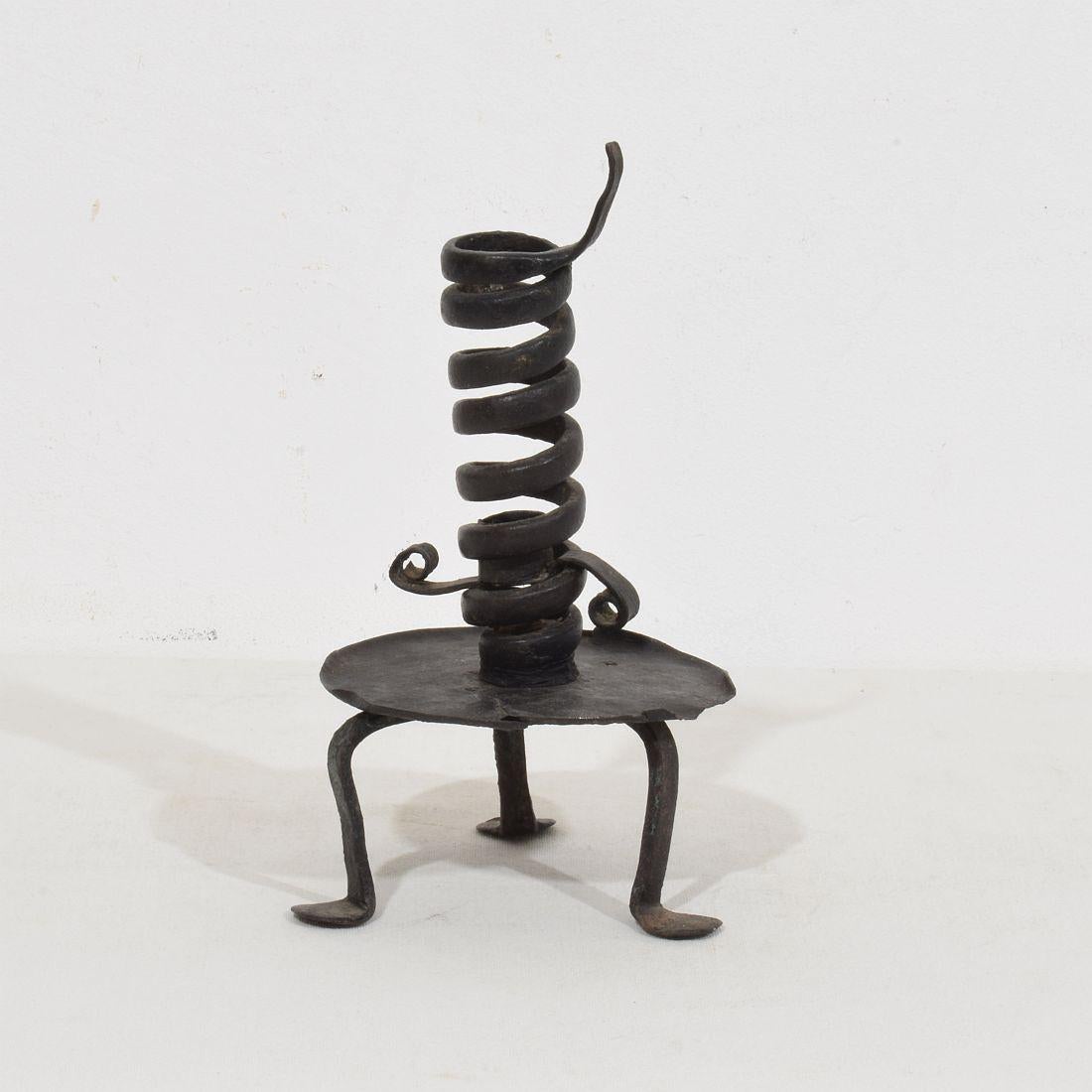 French, 18th Century, Hand Forged Iron Rat De Cave Candleholder For Sale 1