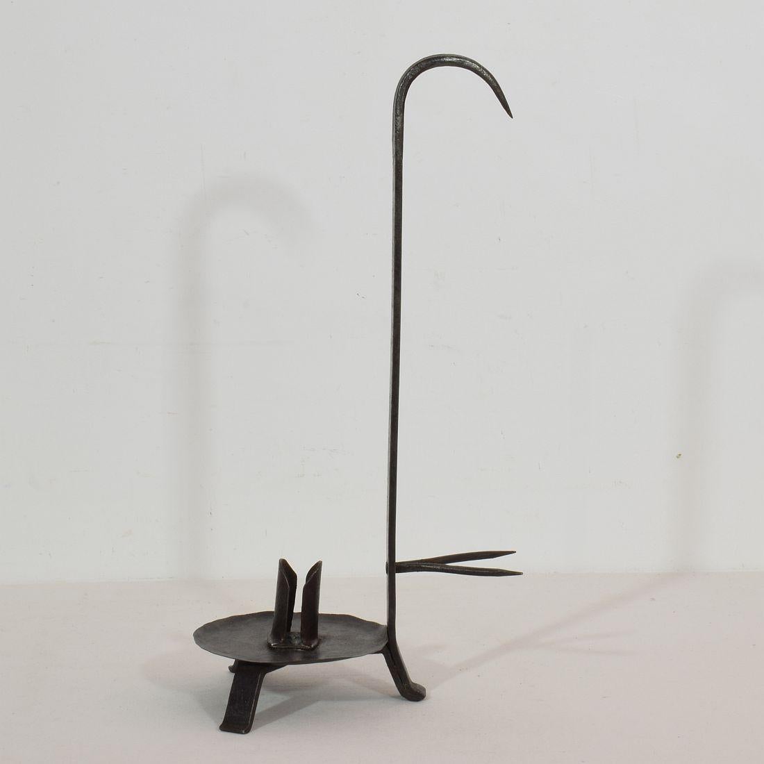 French 18th Century Hand Forged Iron Rat De Cave Candleholder 1