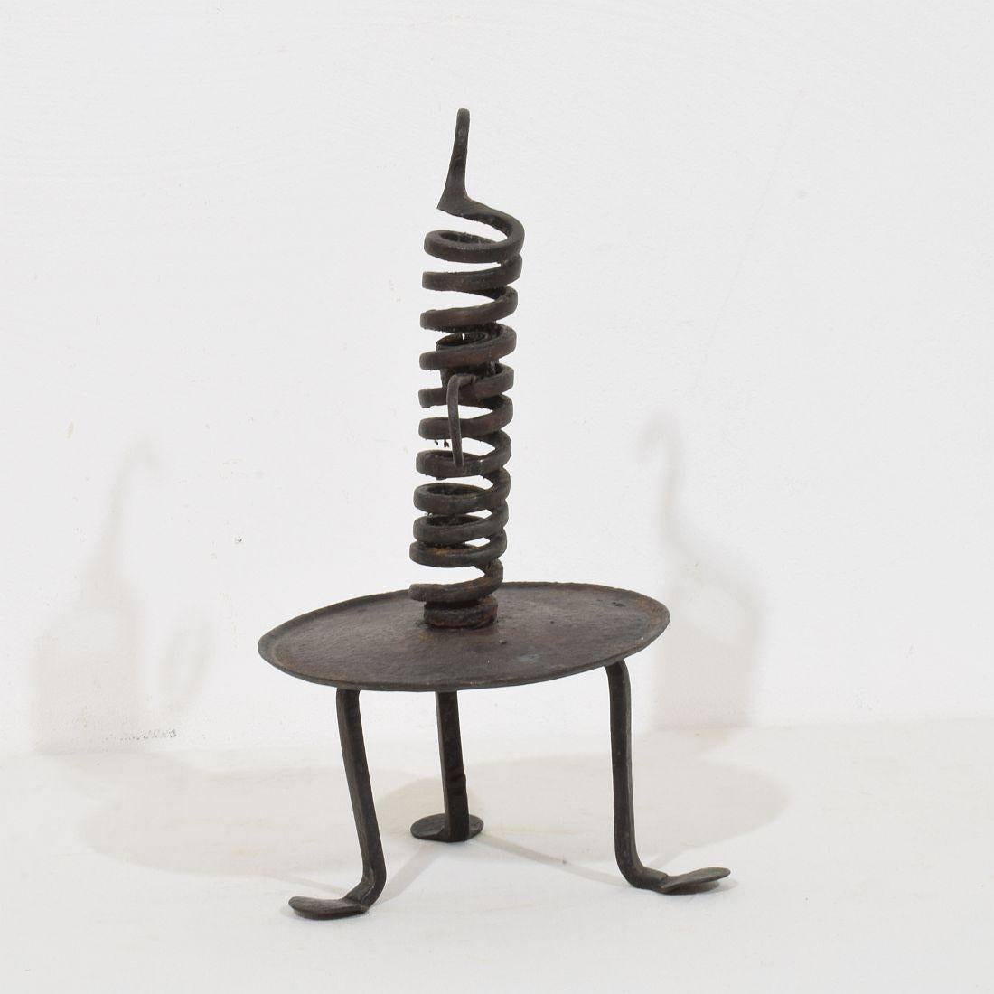 French, 18th Century, Hand Forged Iron Rat De Cave Candleholder For Sale 2