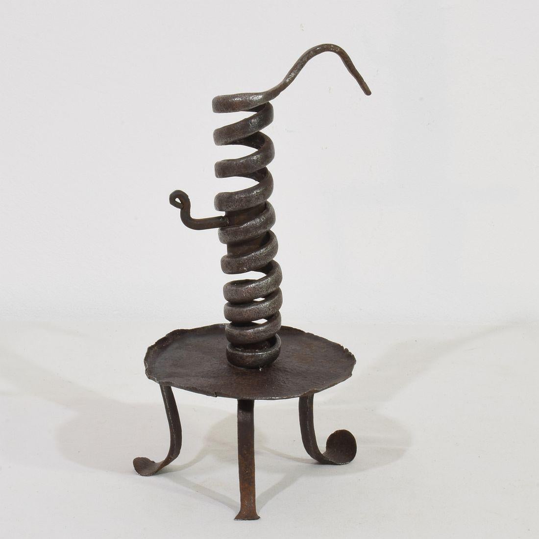 French, 18th Century, Hand Forged Iron Rat De Cave Candleholder For Sale 3