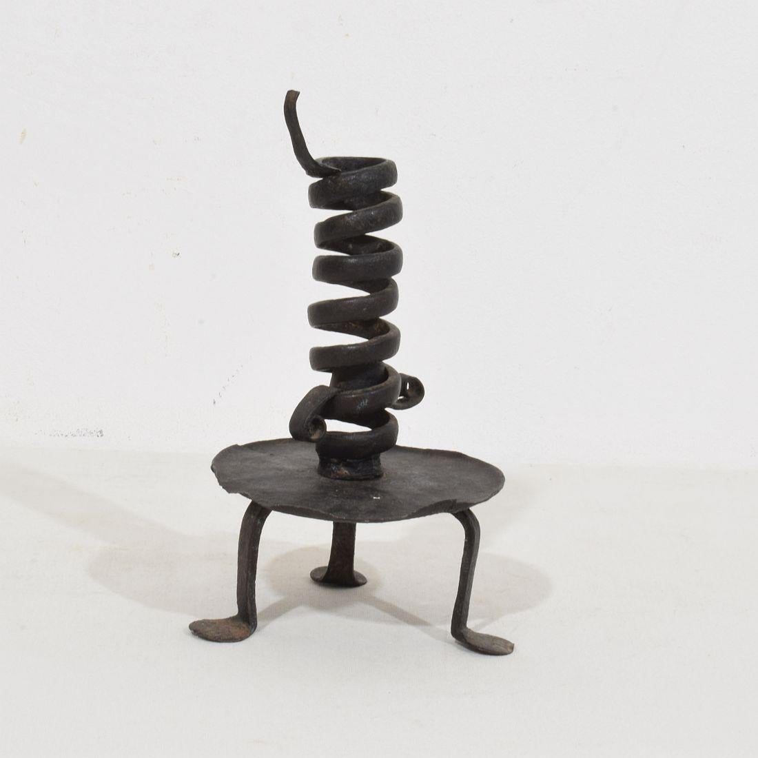 French, 18th Century, Hand Forged Iron Rat De Cave Candleholder For Sale 3