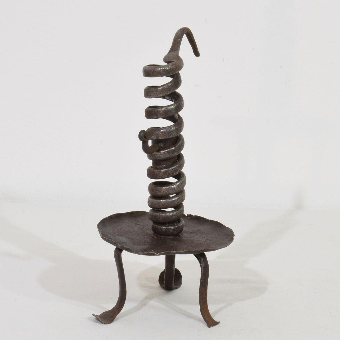 French, 18th Century, Hand Forged Iron Rat De Cave Candleholder For Sale 4