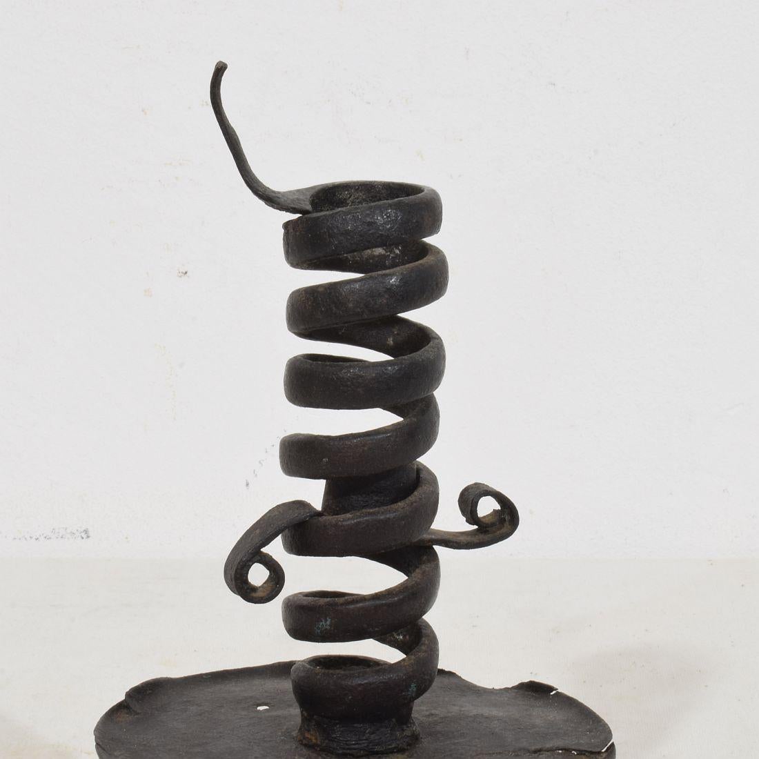 French, 18th Century, Hand Forged Iron Rat De Cave Candleholder For Sale 4