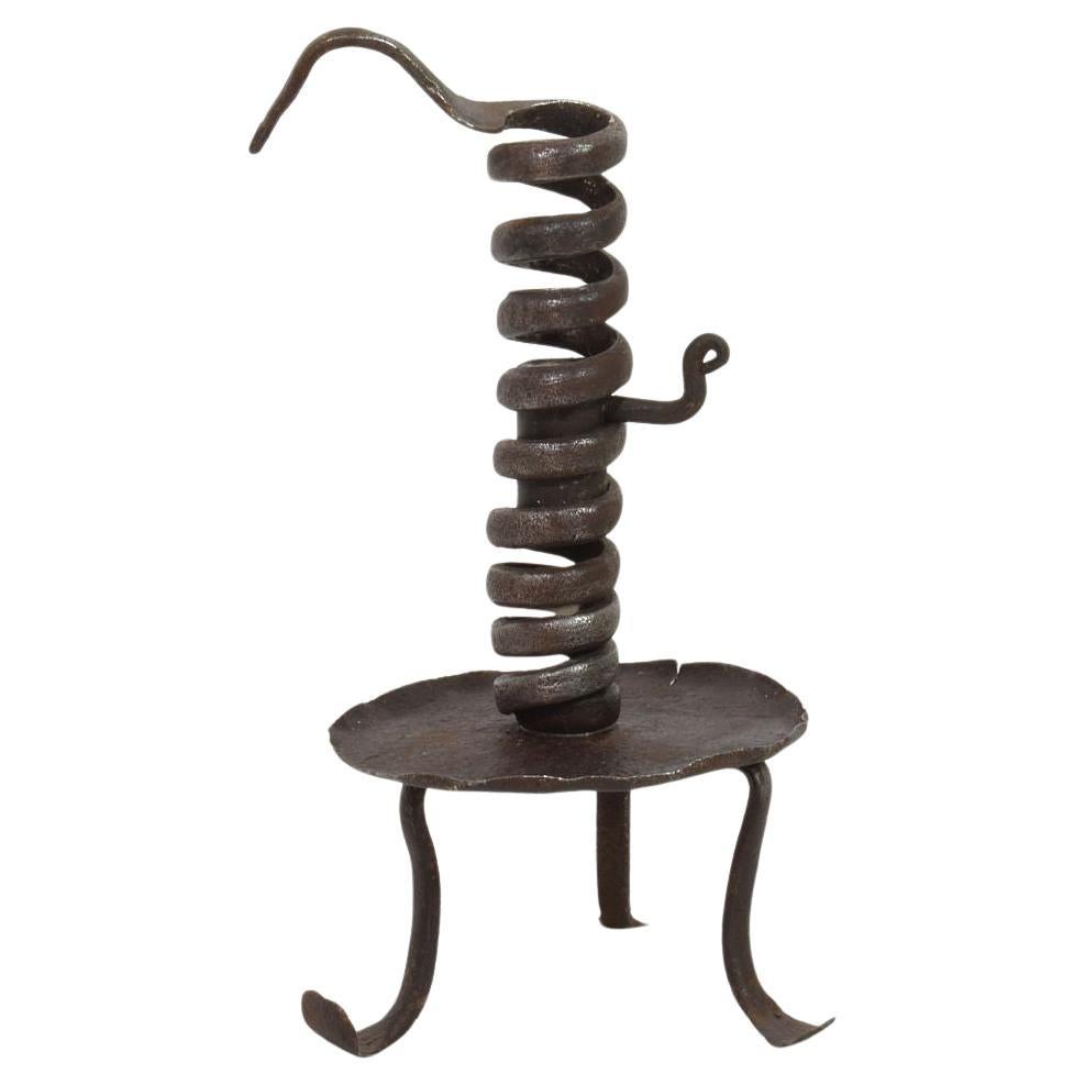 French, 18th Century, Hand Forged Iron Rat De Cave Candleholder For Sale