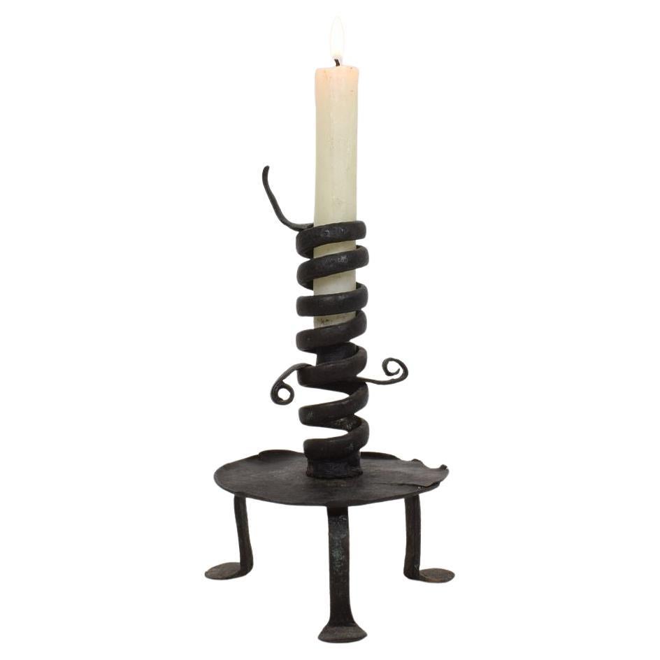 French, 18th Century, Hand Forged Iron Rat De Cave Candleholder For Sale
