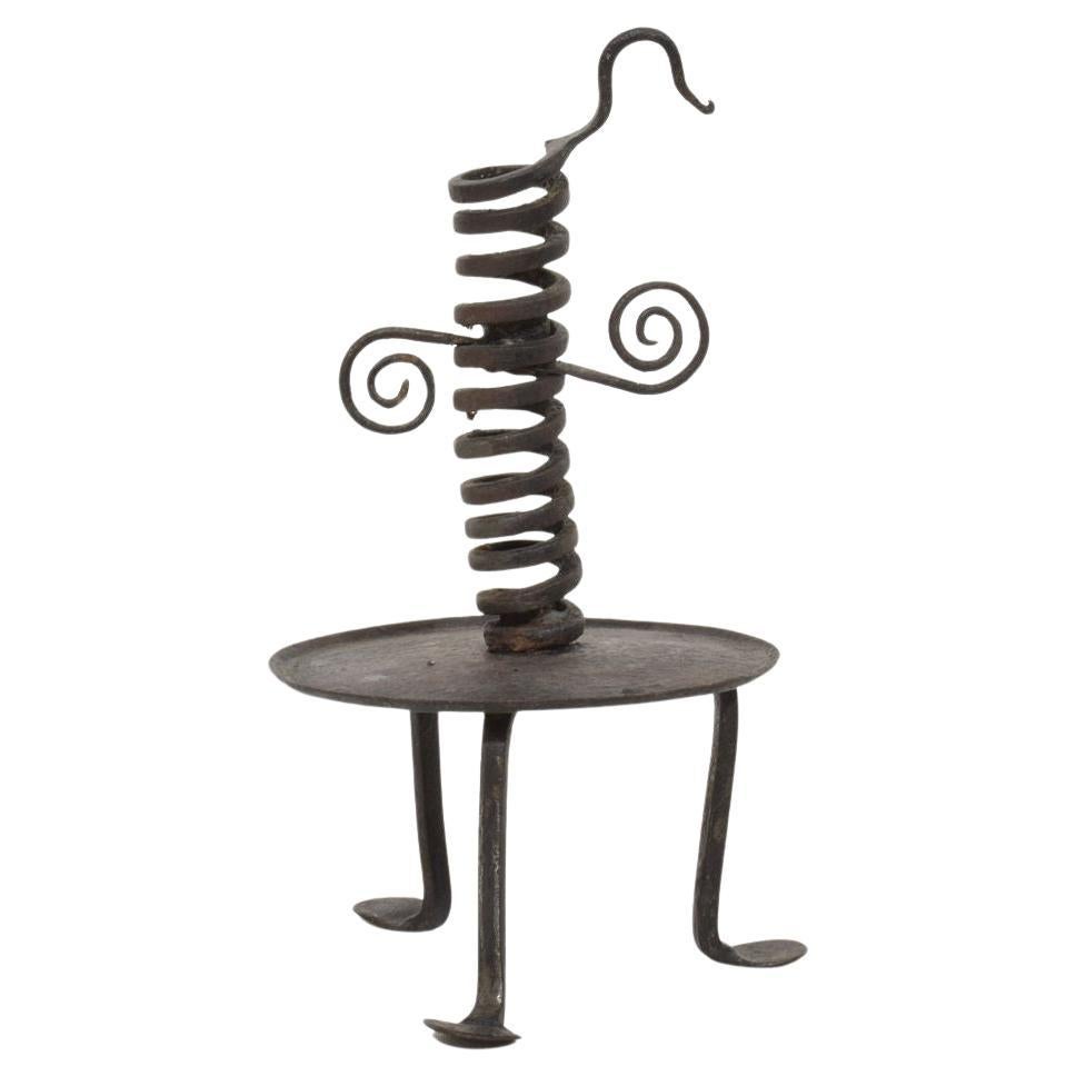 French, 18th Century, Hand Forged Iron Rat De Cave Candleholder For Sale