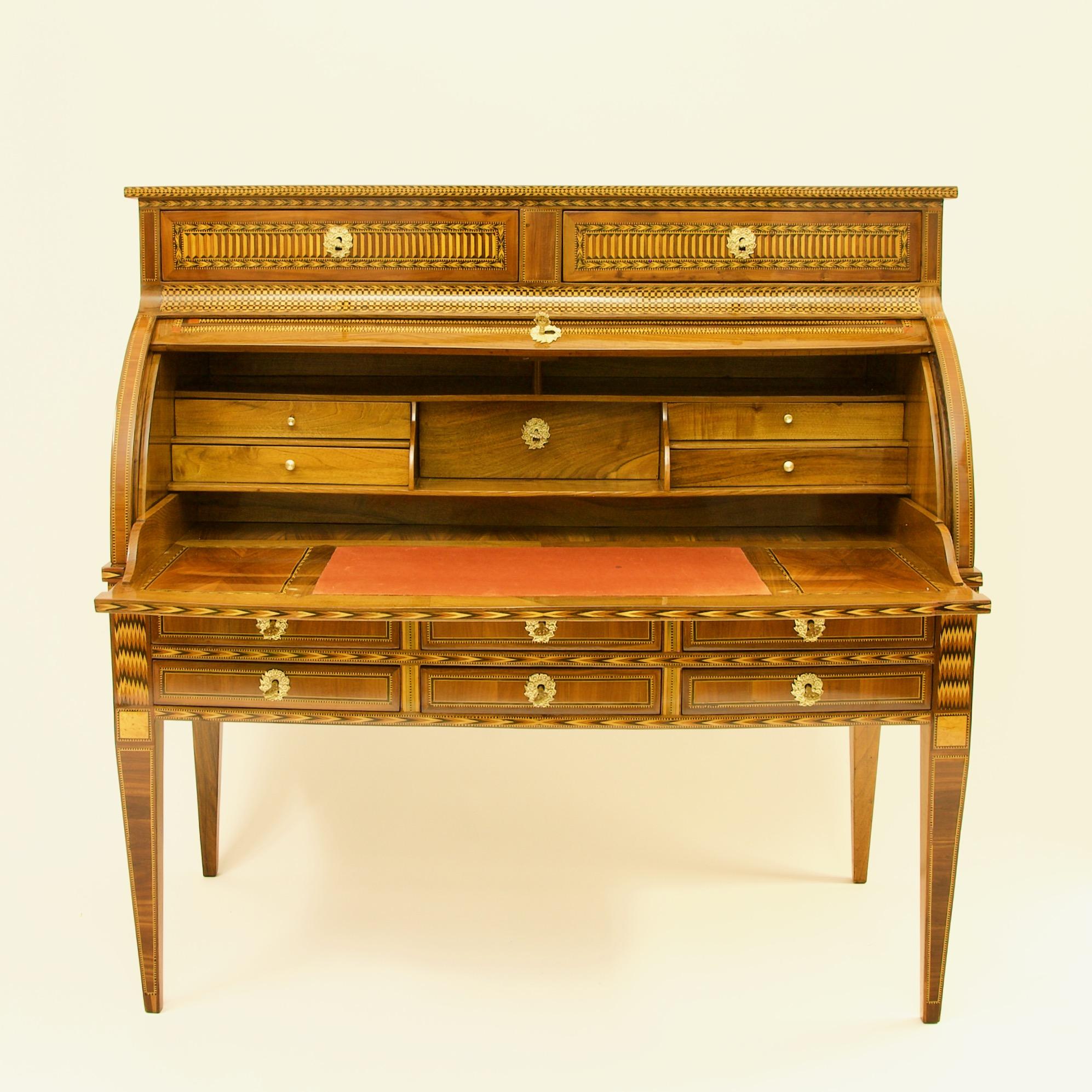 Gilt French 18th Century Large Louis XVI Marquetry Desk or Bureau à Cylindre For Sale