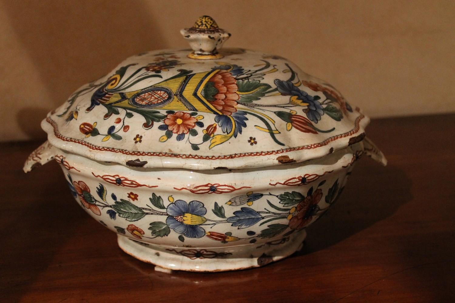 Antique French Faience Lidded Bowl Tureen Hand Painted with Flowers and Insects For Sale 6