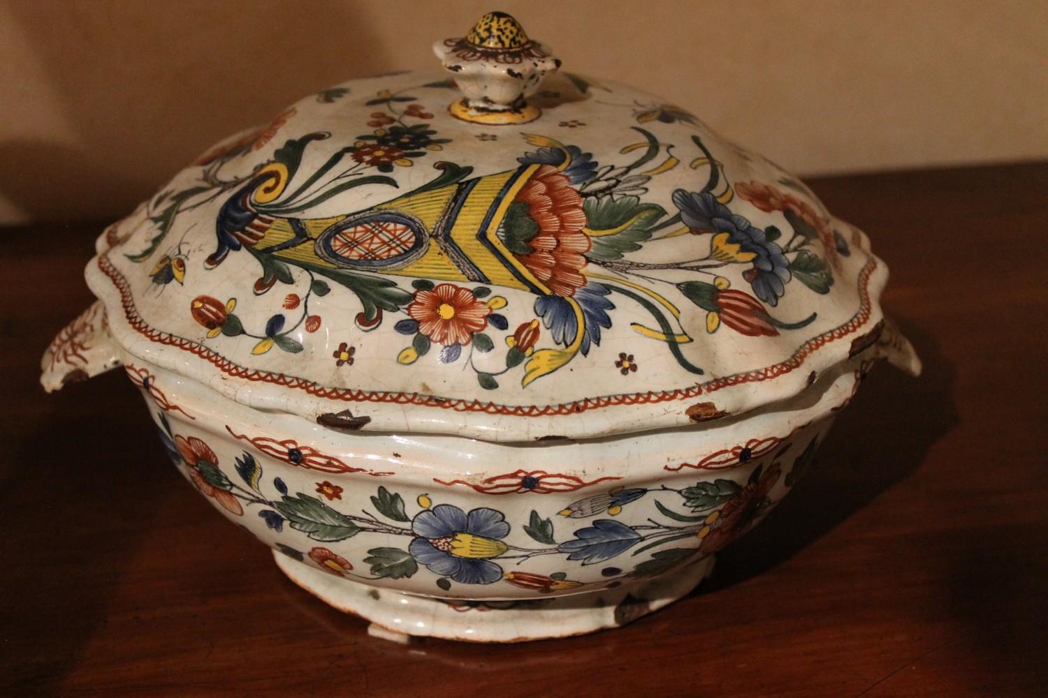 Antique French Faience Lidded Bowl Tureen Hand Painted with Flowers and Insects For Sale 7