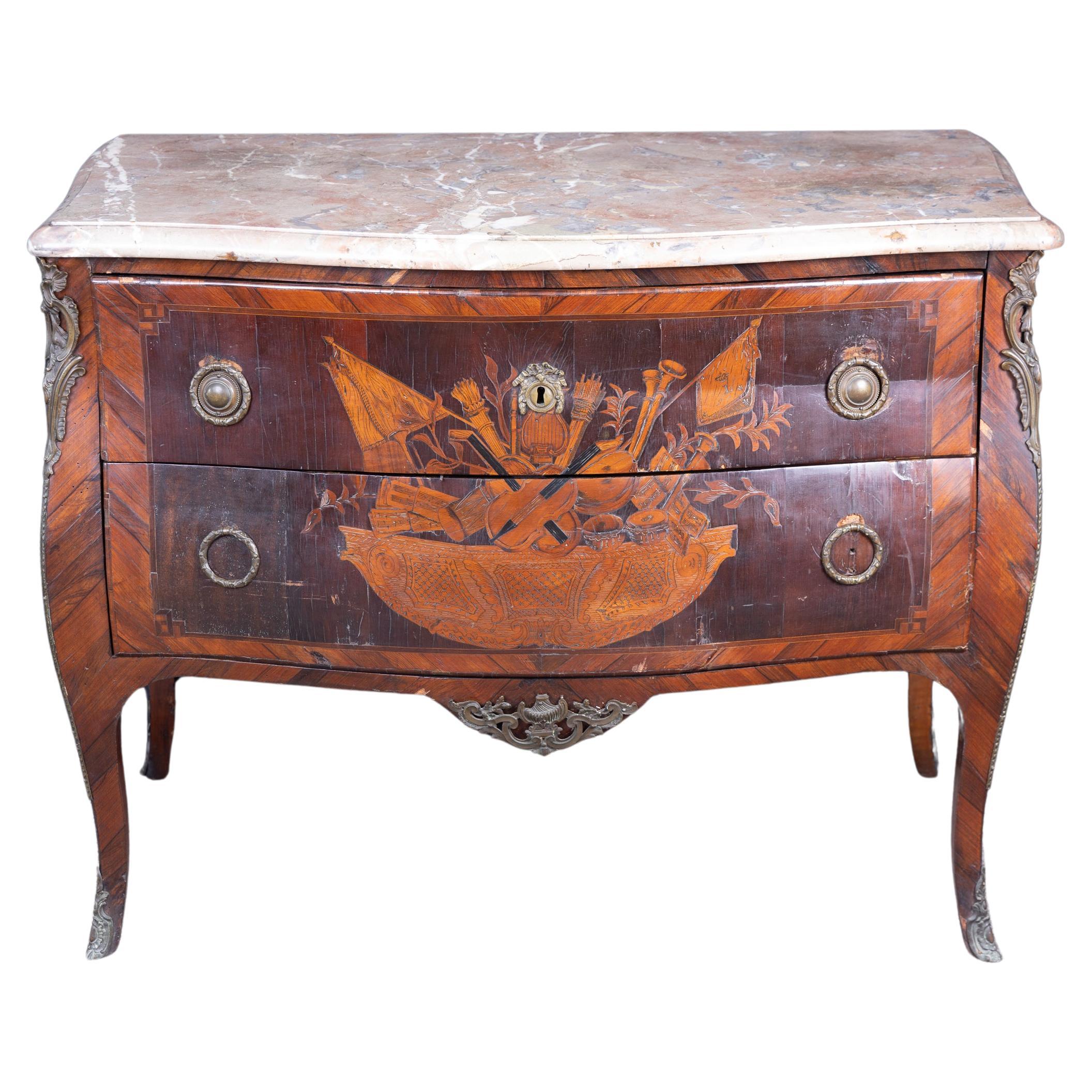 French 18th Century Louis XV Bombé Chest, Marble Top and Gorgeous Marquetry