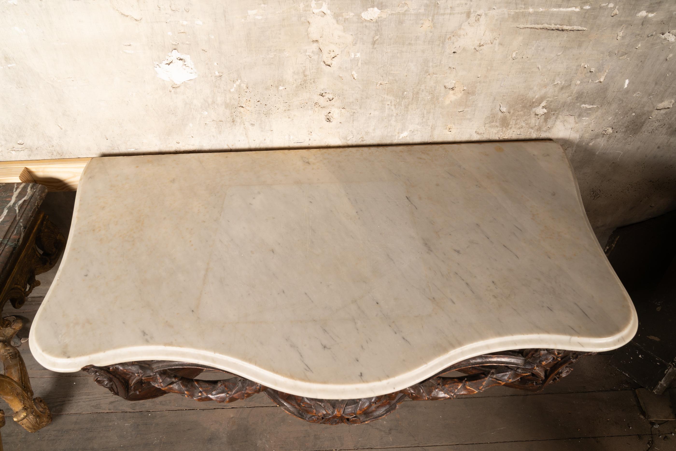 Hand-Carved French 18th Century Louis XV Carved Walnut Marble Top Console For Sale