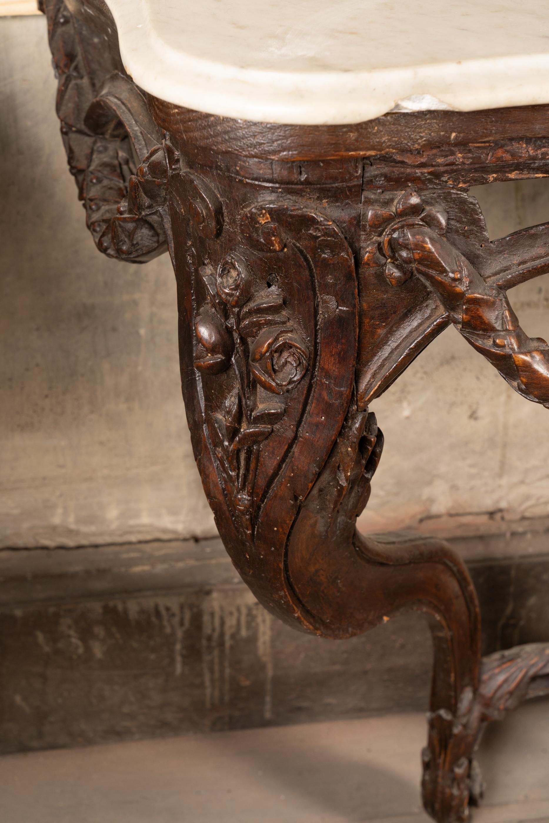 18th Century and Earlier French 18th Century Louis XV Carved Walnut Marble Top Console For Sale