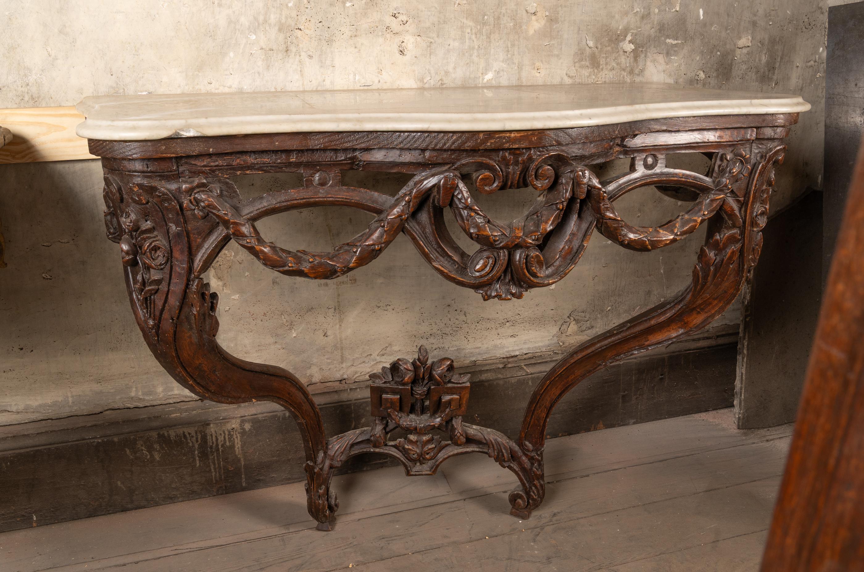 French 18th Century Louis XV Carved Walnut Marble Top Console For Sale 1