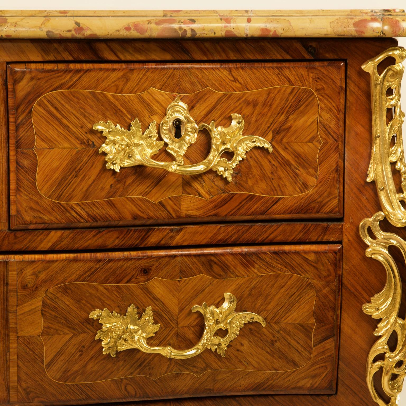 An important Louis XV gilt bronze-mounted rosewood marquetry commode, so-called sauteuse, stamped on the top of the right front stile carrying the name of Jacques Bircklé (1734-1803).

The commode displays a bombe front, with two small top drawers