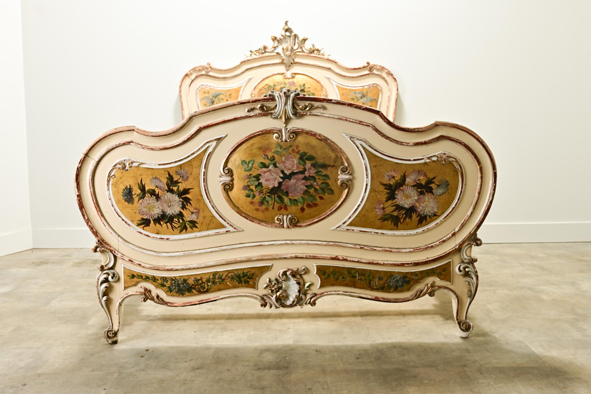 Hand-Painted French 18th Century Louis XV Painted & Gilt Queen Bed For Sale