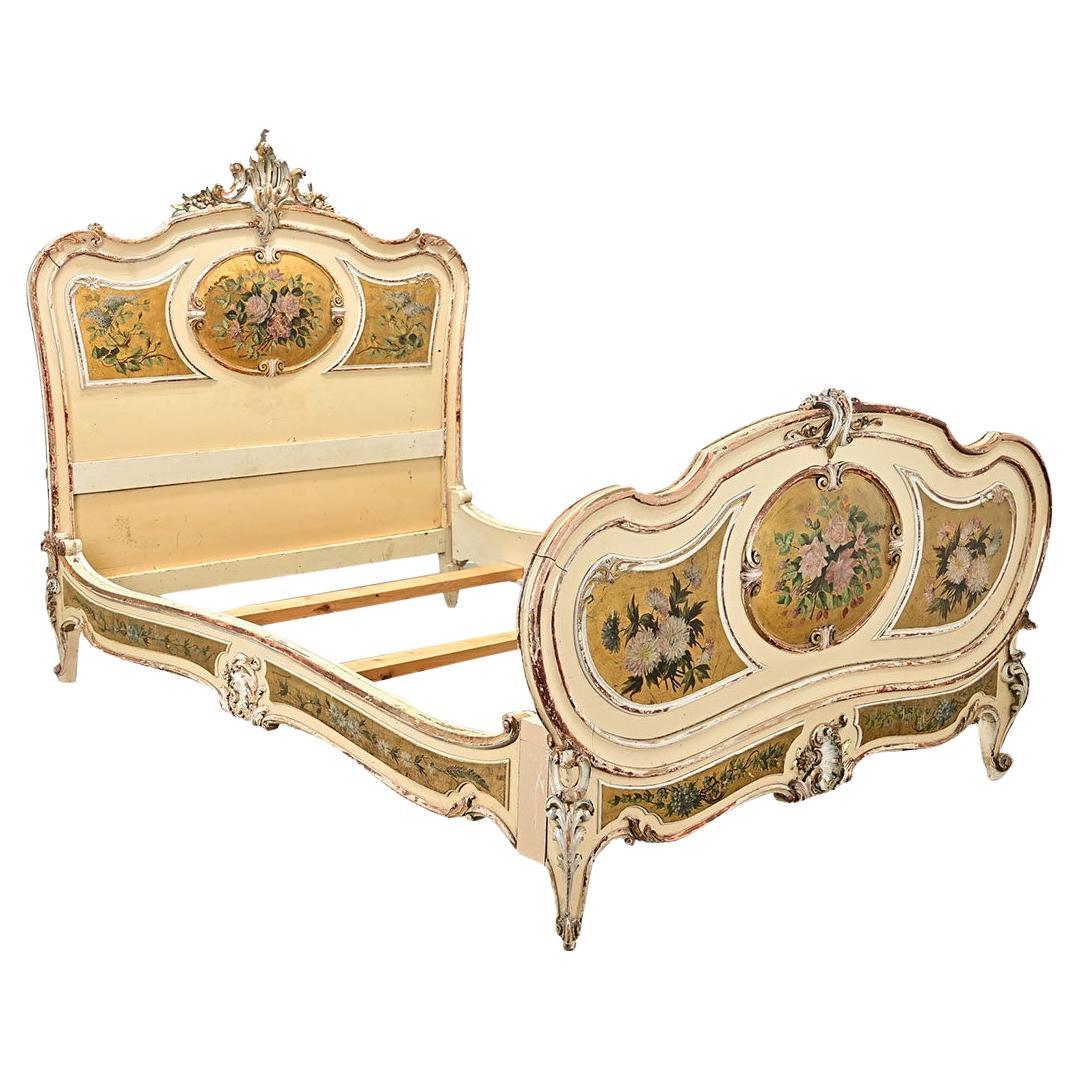 French 18th Century Louis XV Painted & Gilt Queen Bed For Sale