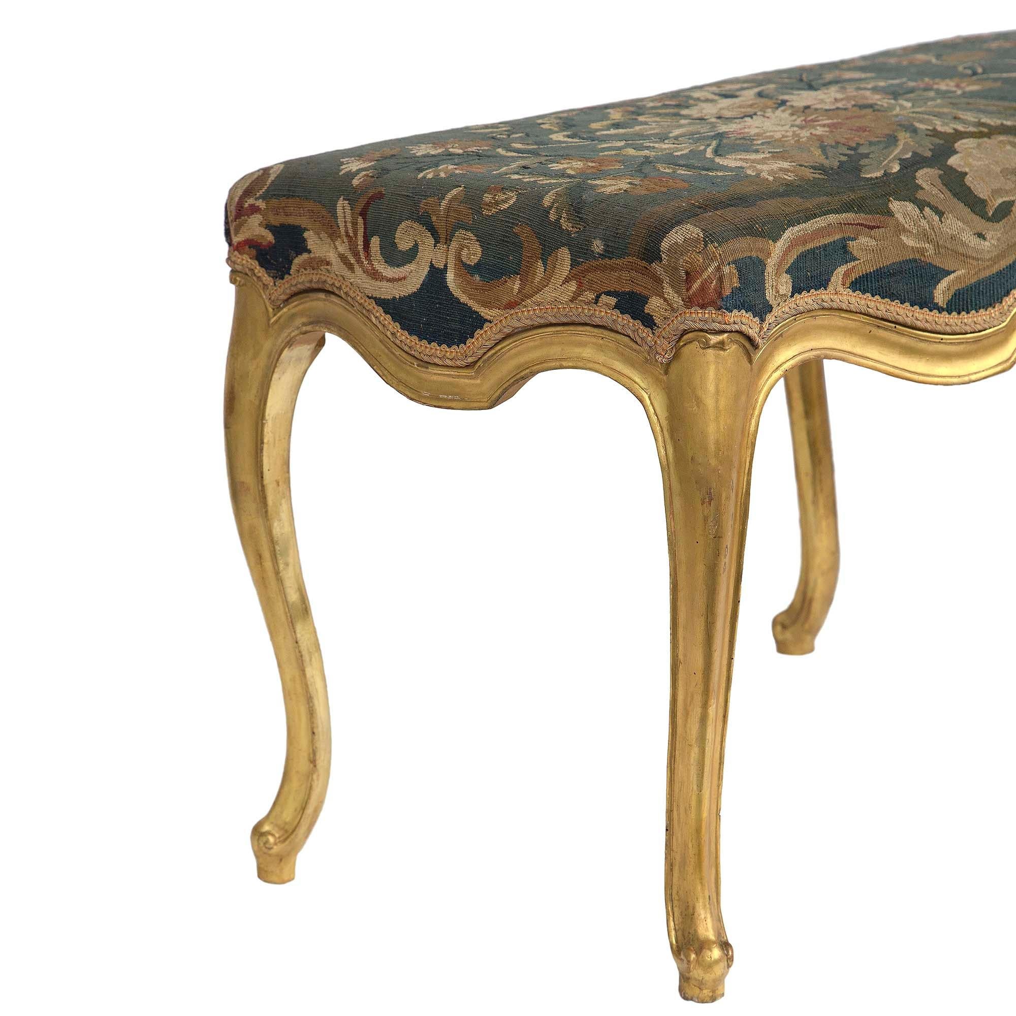 18th Century and Earlier French 18th Century Louis XV Period Giltwood and Aubusson Tapestry Bench For Sale