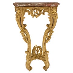French 18th Century Louis XV Period Giltwood and Sarrancolin Marble Console