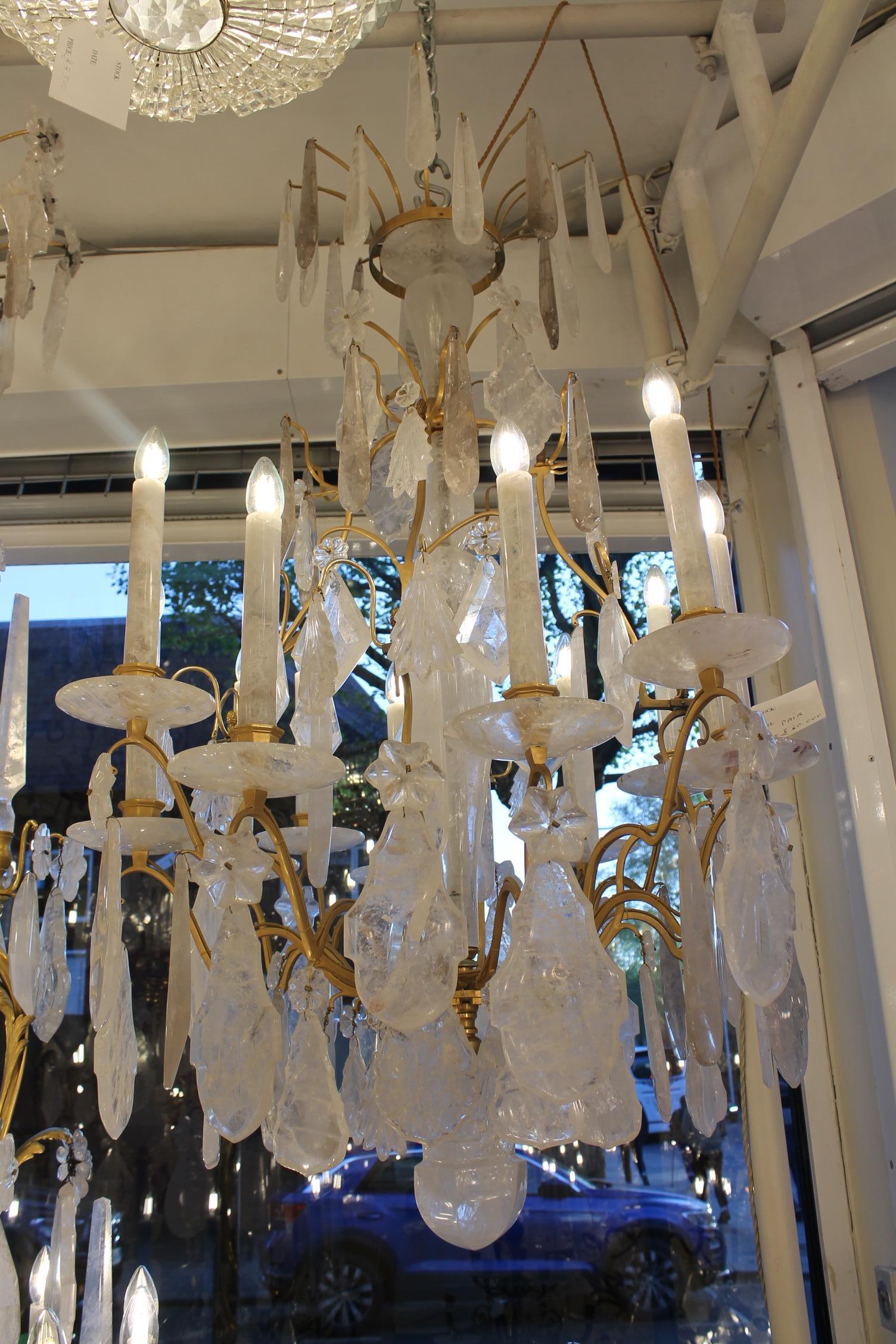Brass French 18th Century Louis XV Period Ormolu and pair Rock Crystal Chandeliers For Sale