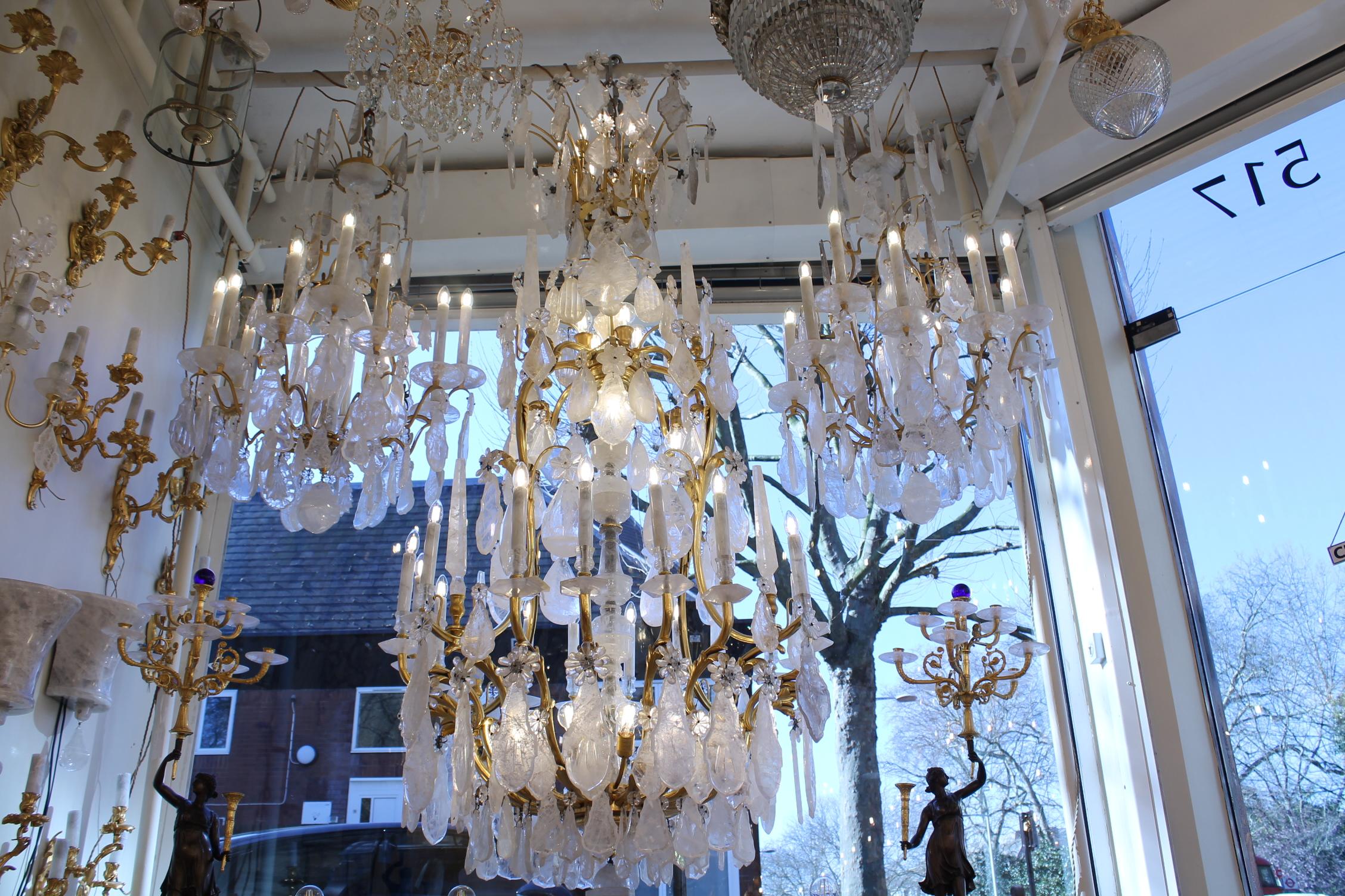 19th Century French 18th Century Louis XV Period Ormolu and pair Rock Crystal Chandeliers For Sale