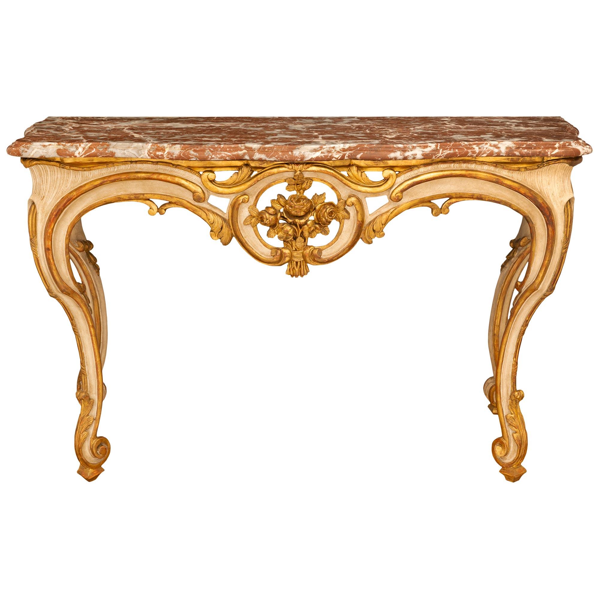 French 18th Century Louis XV Period Patinated Wood, Giltwood & Marble Console For Sale 7