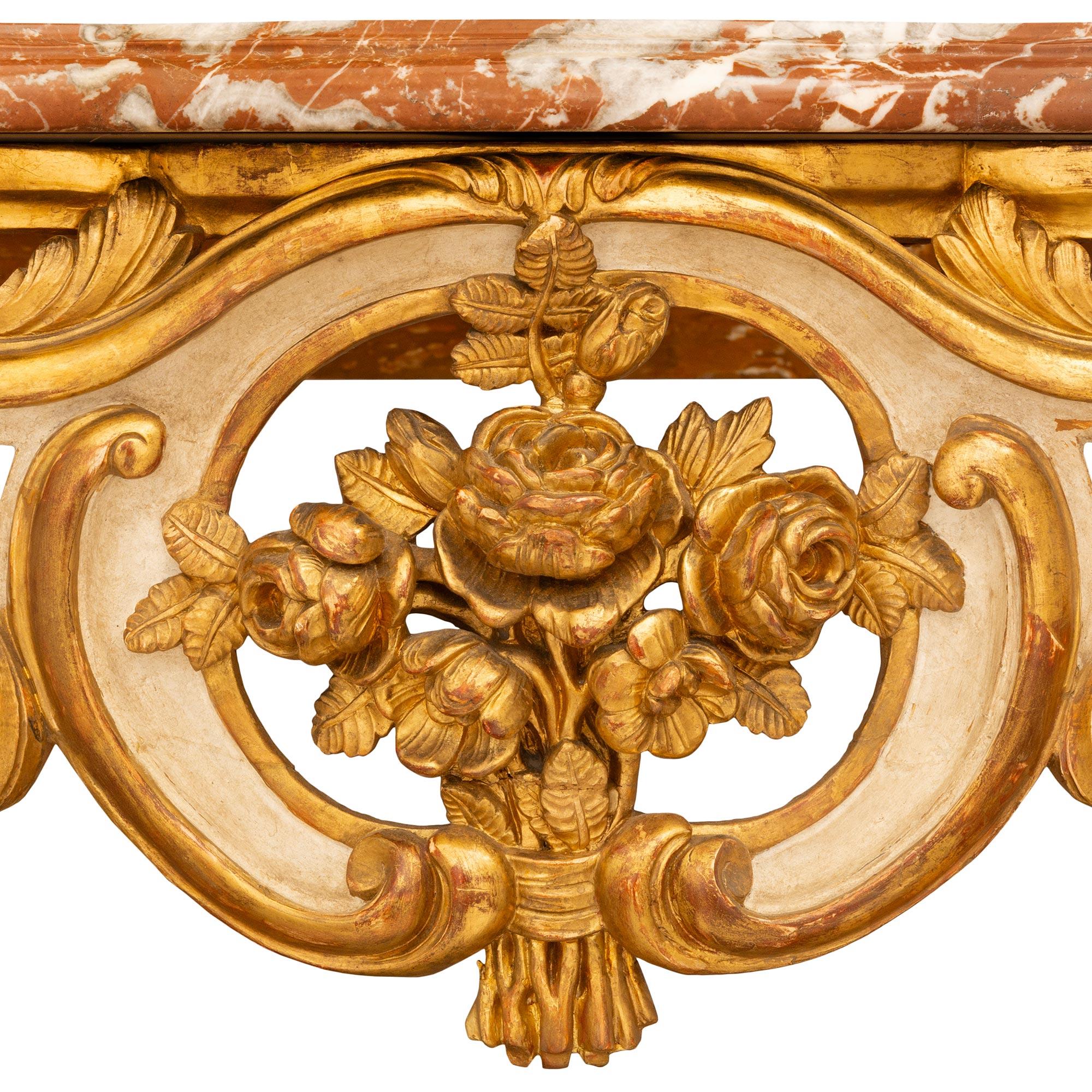 French 18th Century Louis XV Period Patinated Wood, Giltwood & Marble Console For Sale 3