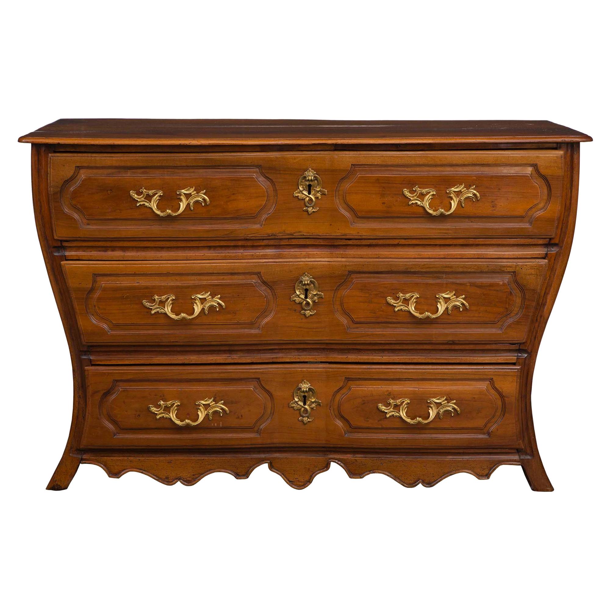 French 18th Century Louis XV Period Walnut and Ormolu Three-Drawer Commode