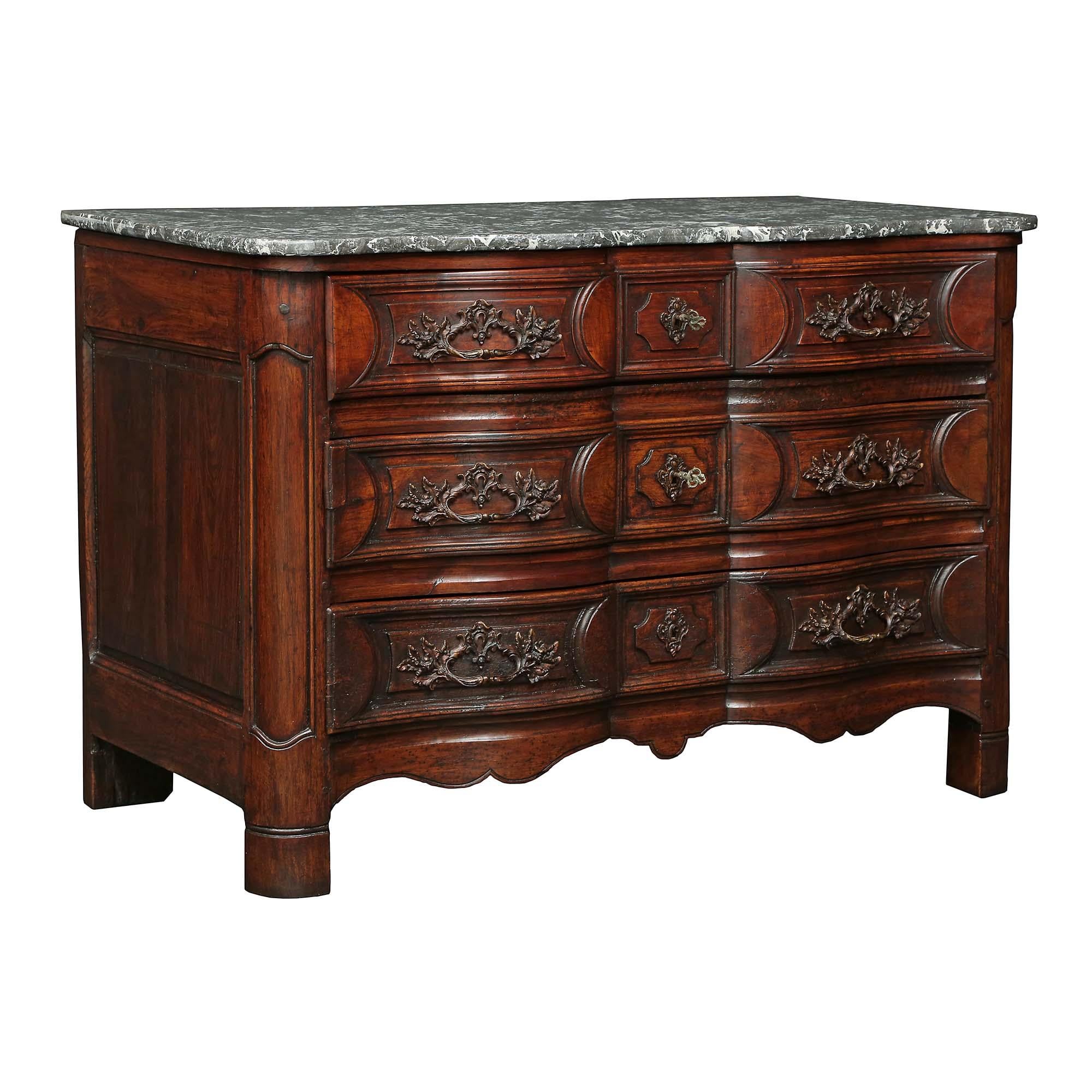 Belgian Black Marble French 18th Century Louis XV Period Walnut Chest For Sale