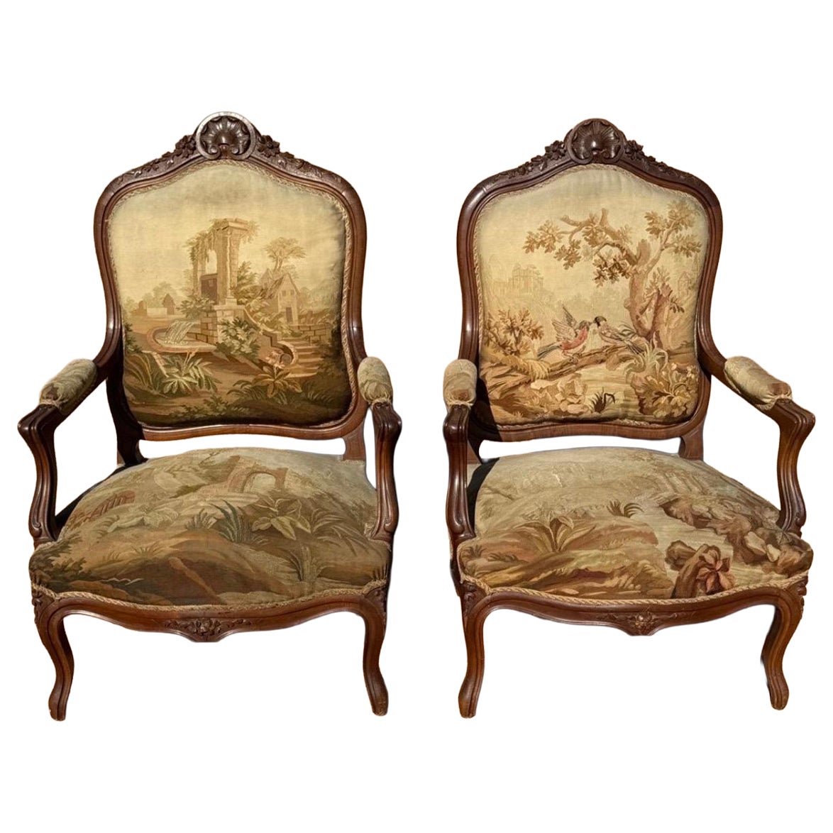 French 18th Century Louis XV Solid Walnut Aubusson Armchair - Set of 2 For Sale