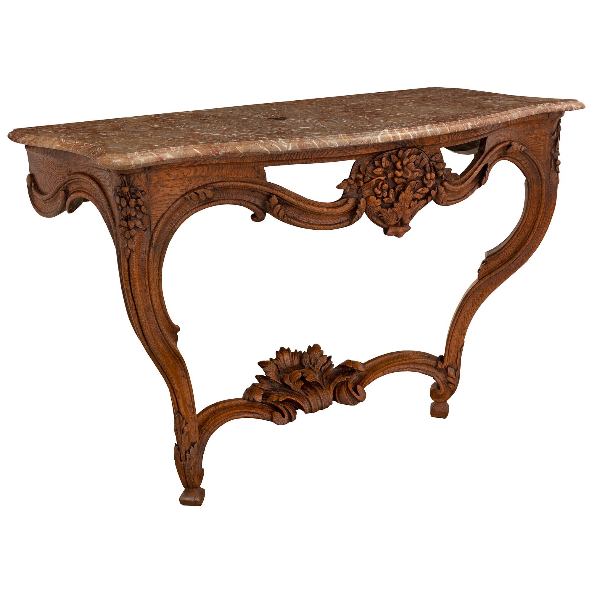 French 18th Century Louis XV St. Oak and Sarrancolin Marble Console In Good Condition For Sale In West Palm Beach, FL