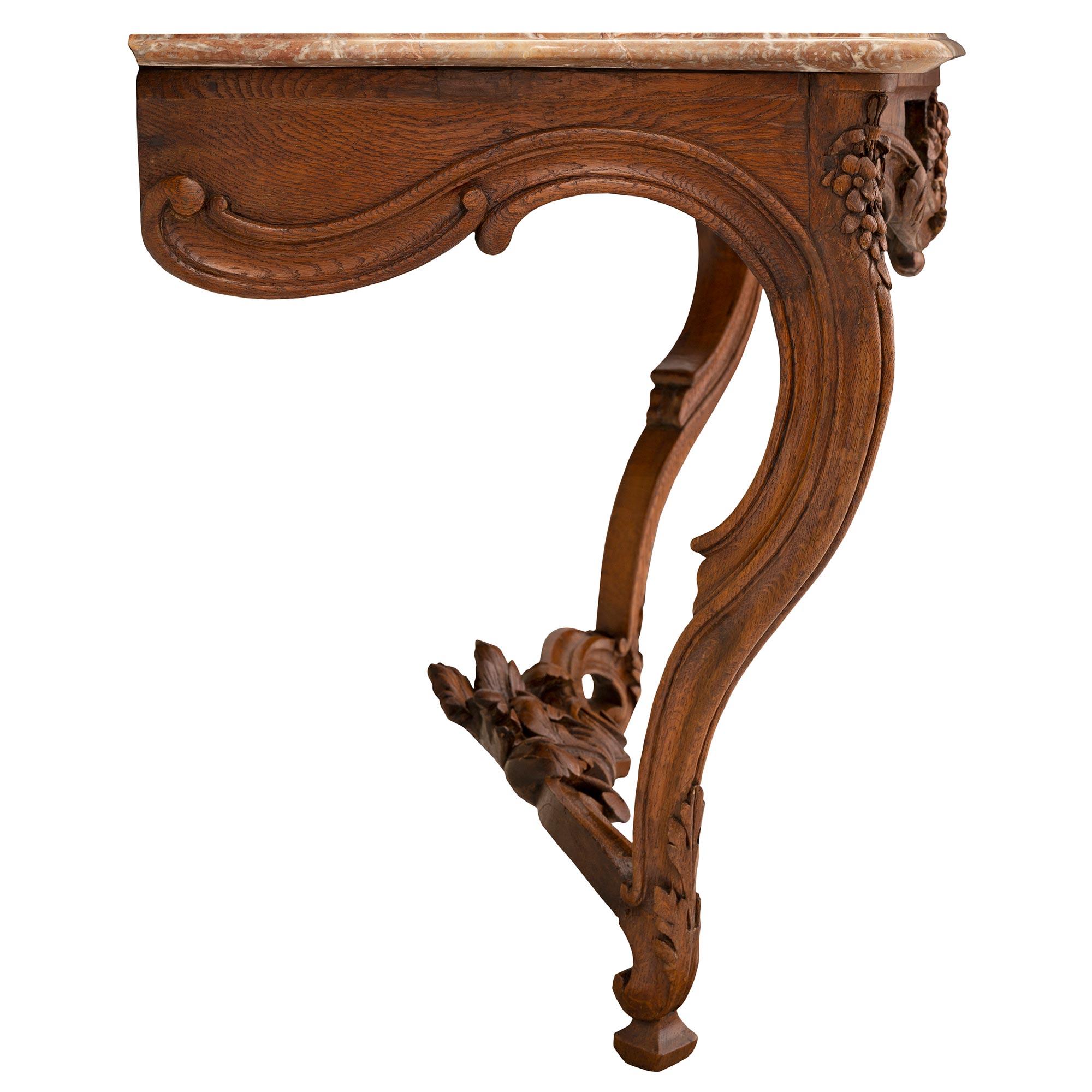 18th Century and Earlier French 18th Century Louis XV St. Oak and Sarrancolin Marble Console For Sale
