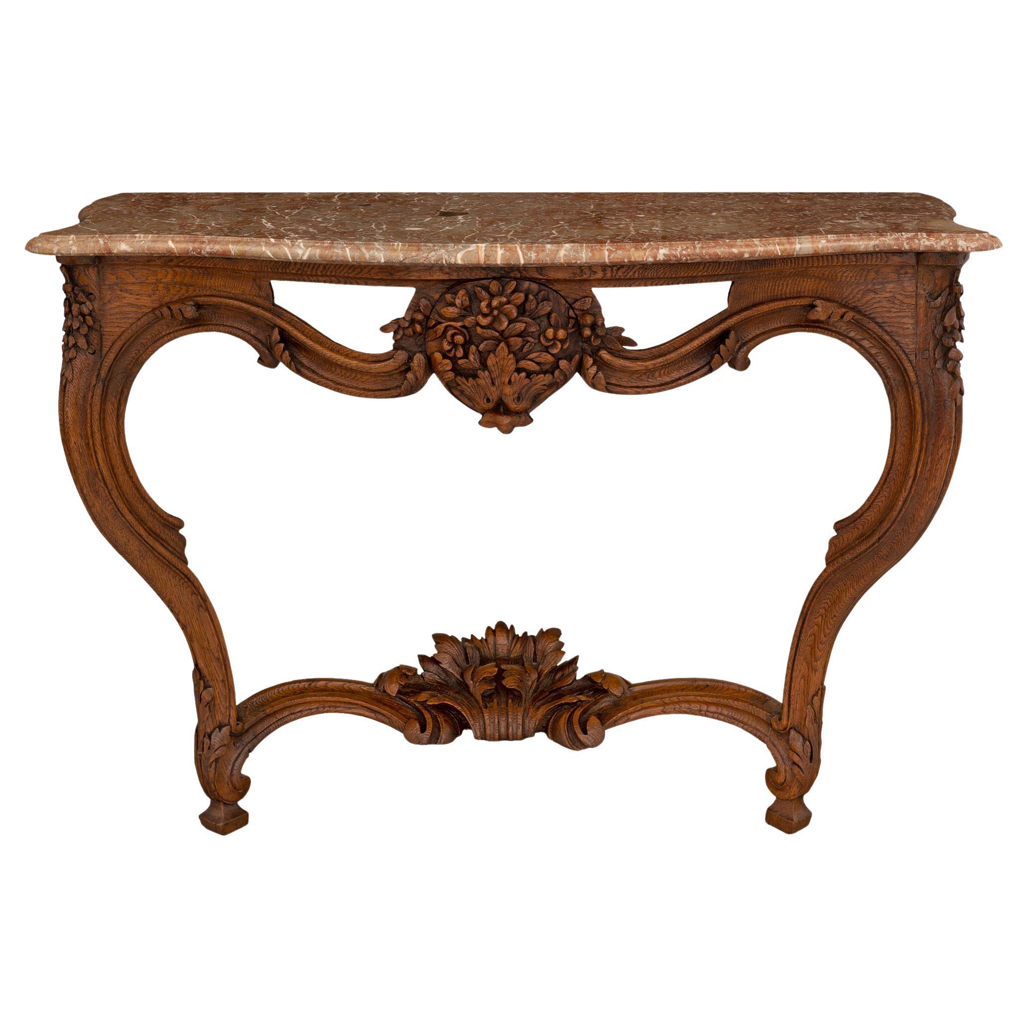 French 18th Century Louis XV St. Oak and Sarrancolin Marble Console For Sale