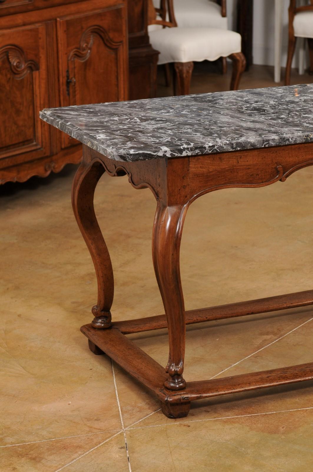 18th Century and Earlier French 18th Century Louis XV Walnut Center Table with Variegated Grey Marble Top For Sale