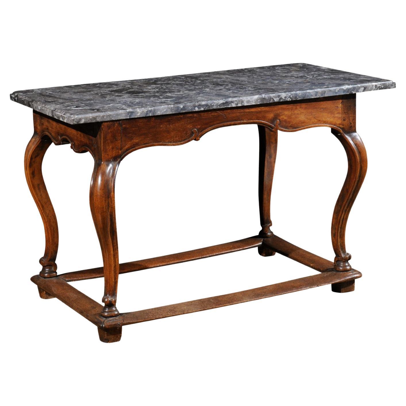 French 18th Century Louis XV Walnut Center Table with Variegated Grey Marble Top