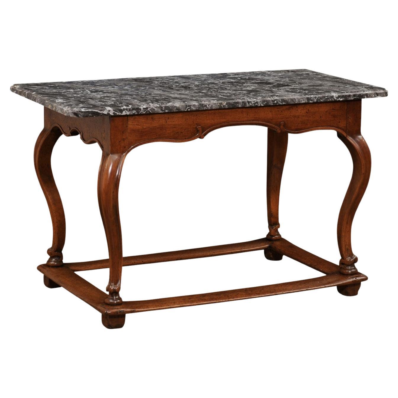 French 18th Century Louis XV Walnut Center Table with Variegated Grey Marble Top