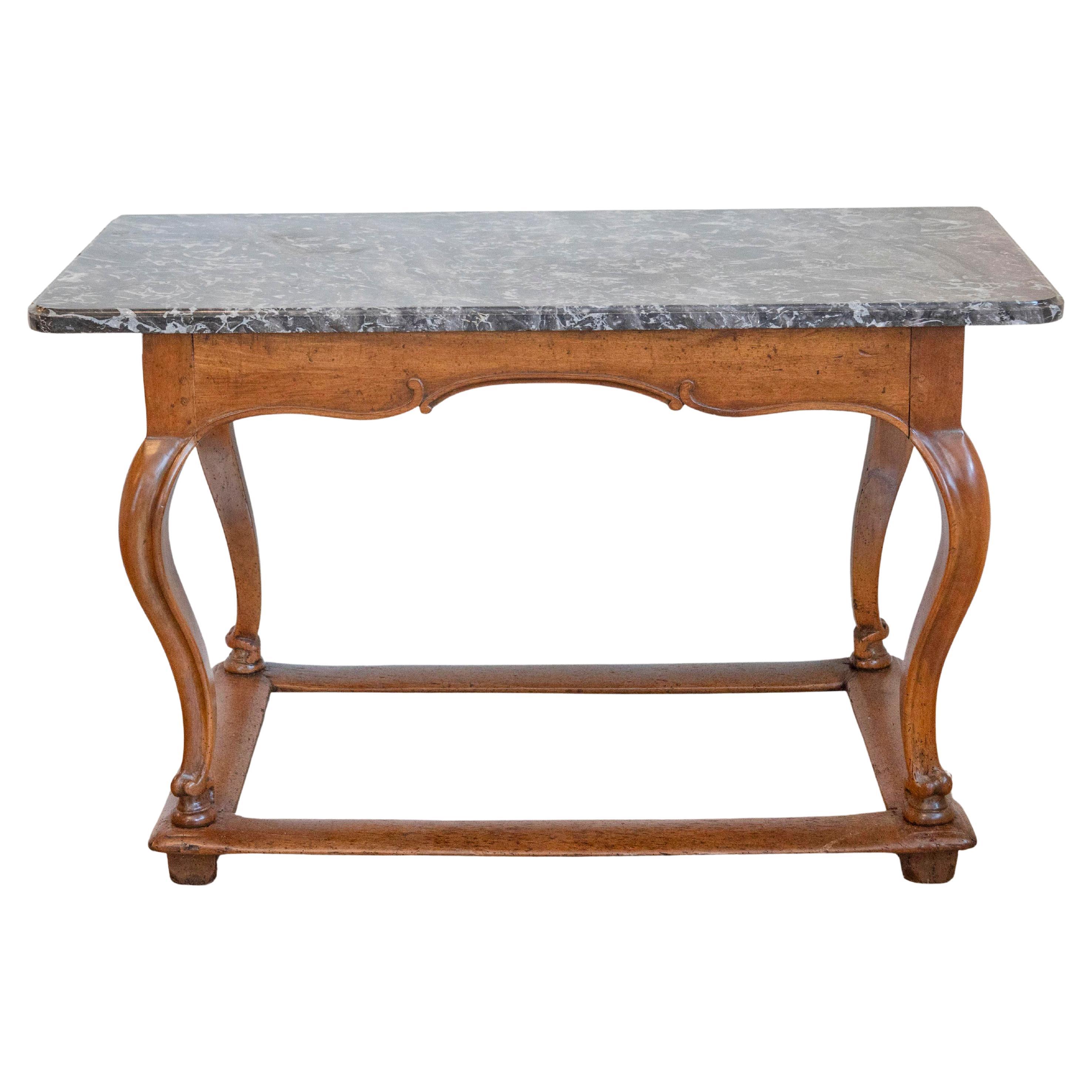 French 18th Century Louis XV Walnut Center Table with Variegated Grey Marble Top